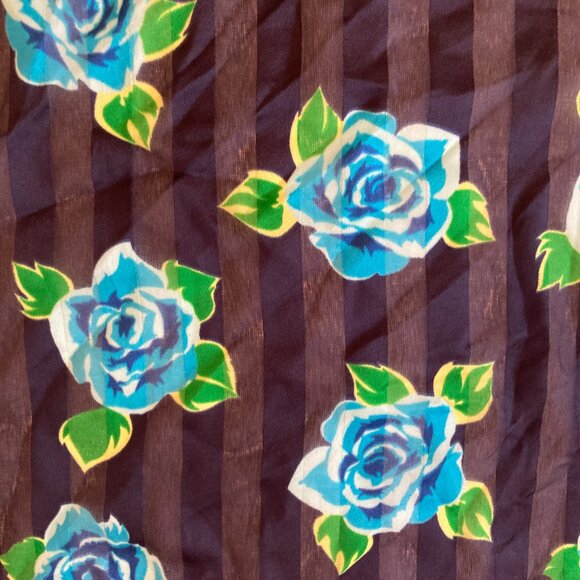 Vintage Blue Roses Rose Flower Scarf Floral 20 X 20" Made in Italy Chiffon Green - Picture 8 of 16